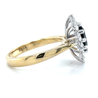 9ct Yellow Gold Laboratory Grown 1.75ct Oval Sapphire & 1.09ct Diamond Cluster Ring