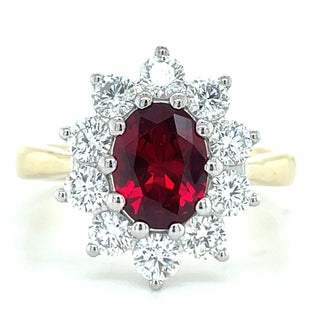 9ct Yellow Gold Laboratory Grown 1.39ct Oval Ruby & 1.04ct Diamond Cluster Ring