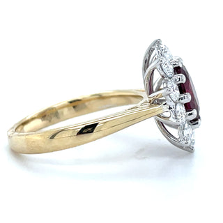 9ct Yellow Gold Laboratory Grown 1.39ct Oval Ruby & 1.04ct Diamond Cluster Ring