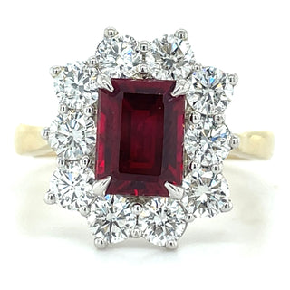 9ct Yellow Gold Laboratory Grown 2.10ct Emerald Cut Ruby & 1.54ct Diamond Halo Ring