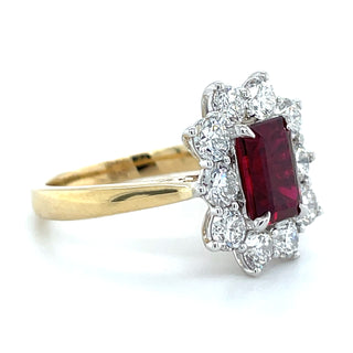 9ct Yellow Gold Laboratory Grown 2.10ct Emerald Cut Ruby & 1.54ct Diamond Halo Ring