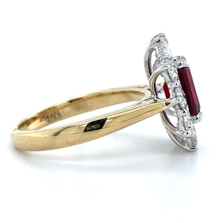9ct Yellow Gold Laboratory Grown 2.10ct Emerald Cut Ruby & 1.54ct Diamond Halo Ring