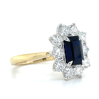 9ct Yellow Gold Laboratory Grown 2.44ct Emerald Cut Sapphire & 1.56ct Diamond Halo Ring