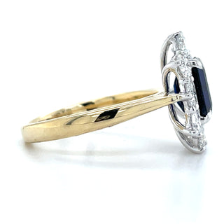 9ct Yellow Gold Laboratory Grown 2.44ct Emerald Cut Sapphire & 1.56ct Diamond Halo Ring