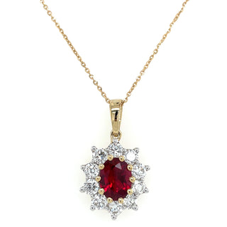 9ct Yellow Gold Laboratory Grown 1.34ct Oval Ruby & 1.05ct Diamond Cluster Pendant