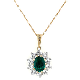 9ct Yellow Gold Laboratory Grown 1.17ct Oval Emerald & 1.08ct Diamond Cluster Pendant