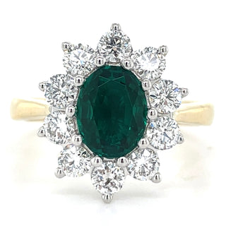 9ct Yellow Gold Laboratory Grown 1.24ct Oval Emerald & 1.04ct Diamond Cluster Ring
