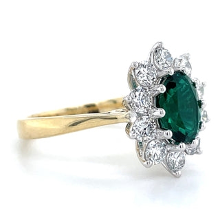 9ct Yellow Gold Laboratory Grown 1.24ct Oval Emerald & 1.04ct Diamond Cluster Ring