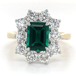 9ct Yellow Gold Laboratory Grown 1.23ct Emerald Cut Emerald & 1.58ct Diamond Halo Ring