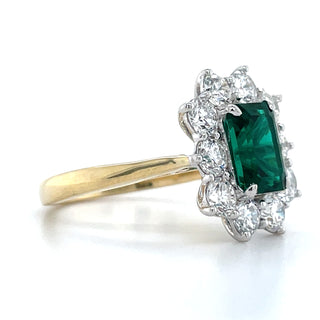 9ct Yellow Gold Laboratory Grown 1.23ct Emerald Cut Emerald & 1.58ct Diamond Halo Ring