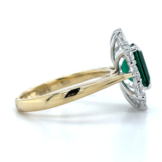 9ct Yellow Gold Laboratory Grown 1.23ct Emerald Cut Emerald & 1.58ct Diamond Halo Ring