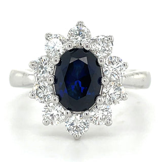 9ct White Gold Laboratory Grown 1.34ct Oval Sapphire & 1.06ct Diamond Cluster Ring