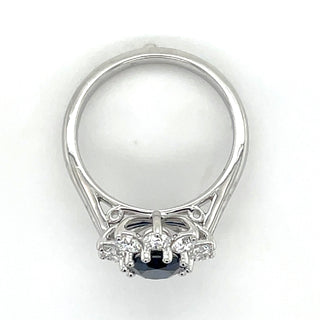 9ct White Gold Laboratory Grown 1.34ct Oval Sapphire & 1.06ct Diamond Cluster Ring