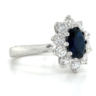 9ct White Gold Laboratory Grown 1.34ct Oval Sapphire & 1.06ct Diamond Cluster Ring