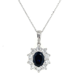 9ct White Gold Laboratory Grown 1.44ct Oval Sapphire & 1.02ct Diamond Cluster Pendant