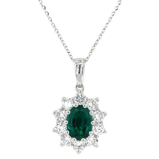 9ct White Gold Laboratory Grown 1.24ct Oval Emerald & 1.09ct Diamond Cluster Pendant