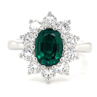 9ct White Gold Laboratory Grown 1.17ct Oval Emerald & 1.05ct Diamond Cluster Ring