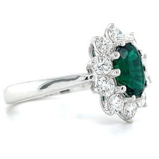 9ct White Gold Laboratory Grown 1.17ct Oval Emerald & 1.05ct Diamond Cluster Ring