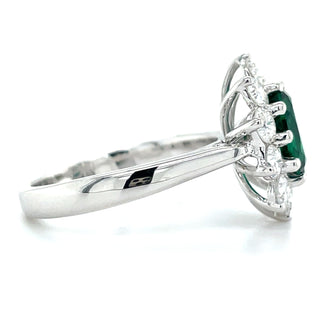 9ct White Gold Laboratory Grown 1.17ct Oval Emerald & 1.05ct Diamond Cluster Ring