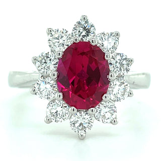 9ct White Gold Laboratory Grown 1.99ct Oval Ruby & 1.02ct Diamond Cluster Ring