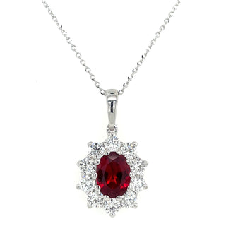 9ct White Gold Laboratory Grown 1.30ct Oval Ruby & 1.05ct Diamond Cluster Pendant