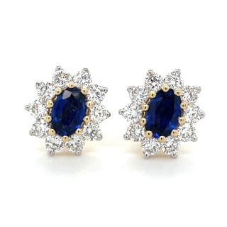 9ct Yellow Gold 1.20ct Laboratory Grown Sapphire & 0.95ct Diamond Cluster Earrings