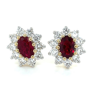 9ct Yellow Gold 0.95ct Laboratory Grown Ruby & 0.94ct Diamond Cluster Earrings