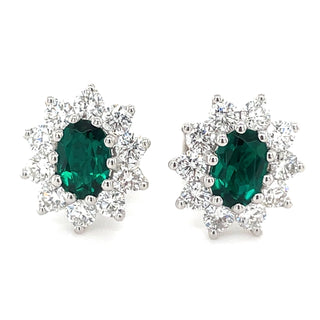 9ct White Gold 0.77ct Laboratory Grown Emerald & 0.96ct Diamond Cluster Earrings