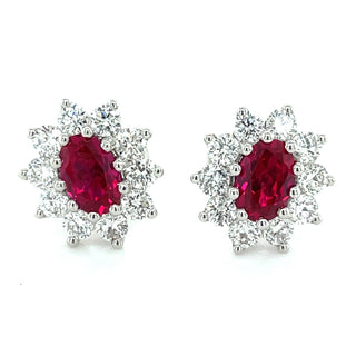 9ct White Gold 1.24ct Laboratory Grown Ruby & 0.94ct Diamond Cluster Earrings