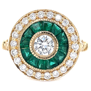 18ct Yellow Gold Earth Grown 0.78ct Emerald & 0.61ct Diamond Vintage Deco Ring