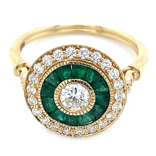 18ct Yellow Gold Earth Grown 0.78ct Emerald & 0.61ct Diamond Vintage Deco Ring