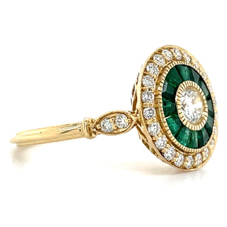18ct Yellow Gold Earth Grown 0.78ct Emerald & 0.61ct Diamond Vintage Deco Ring