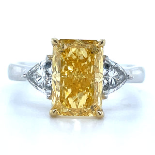 Mabel - Platinum 3.15ct Radiant Laboratory Grown Yellow Diamond Engagement Ring with Trillion Side Stones