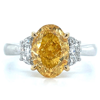 Nova - Platinum 3.15ct Oval Laboratory Grown Yellow Diamond Engagement Ring with Half Moon Side Stones
