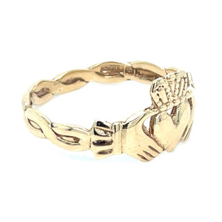 Vintage 9ct Yellow Gold Claddagh Ring With Entwined Band