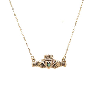 Vintage 9ct Yellow Gold Classic Claddagh and Emerald Necklace