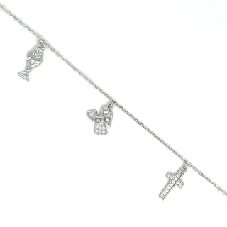 Sterling Silver First Communion Bracelet with CZ Cross, Chalice & Angel Bracelet