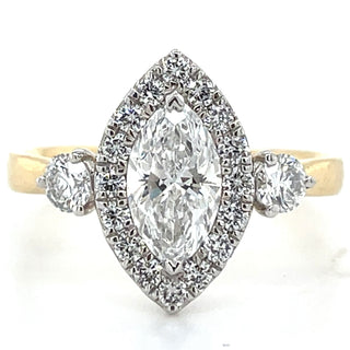 Beverly - 18ct Yellow Gold 1.33ct Laboratory Grown Marquise Halo With Round Side Stone Engagement Ring