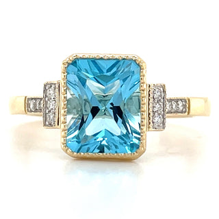 9ct Yellow Gold Earth Grown 2.47ct Blue Topaz & 0.07ct Diamond Ring