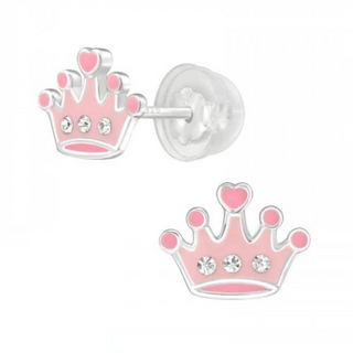 Pink Children's Silver Crown Ear Studs Crystal