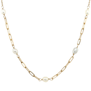 9ct Yellow Gold Paperclip & Freshwater Pearl Necklace