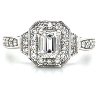 18ct White Gold 0.45ct Emerald Cut Halo Earth Grown Diamond Engagement Ring With Pave Set Diamond Shoulders