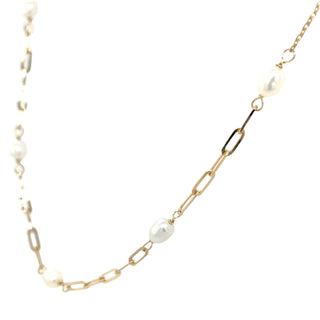 9ct Yellow Gold Paperclip & Freshwater Pearl Necklace