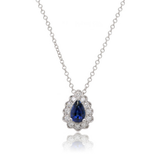 9ct White Gold Pear Sapphire & Diamond Halo Necklace