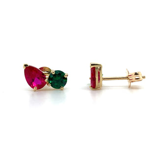 9ct Yellow Gold Toi Et Moi Emerald And Ruby Earrings
