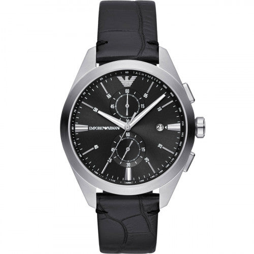 Emporio Armani Silver Double Chronograph w/ Black Leather Strap