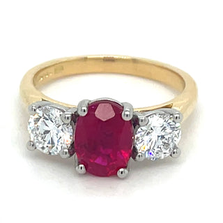 18ct Yellow Gold Laboratory Grown 2.82ct Oval Ruby And Diamond Three Stone Ring