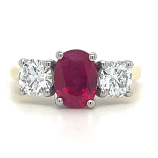 18ct Yellow Gold Laboratory Grown 2.82ct Oval Ruby And Diamond Three Stone Ring