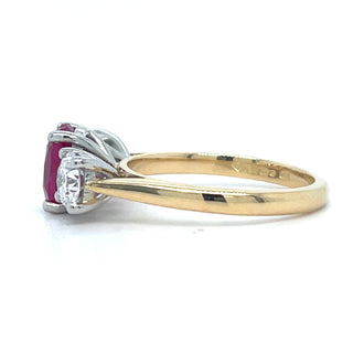 18ct Yellow Gold Laboratory Grown 2.82ct Oval Ruby And Diamond Three Stone Ring