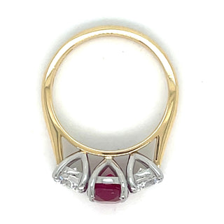18ct Yellow Gold Laboratory Grown 2.82ct Oval Ruby And Diamond Three Stone Ring